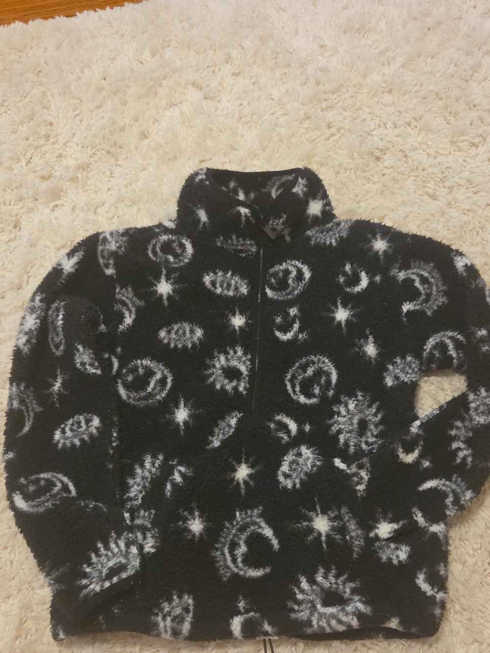 No Boundaries Black Sherpa Zip-Up Sweater with White Celestial Print